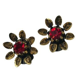 1990s Red Faceted Crystal Flower Gold Clip On Earrings Signed Austria